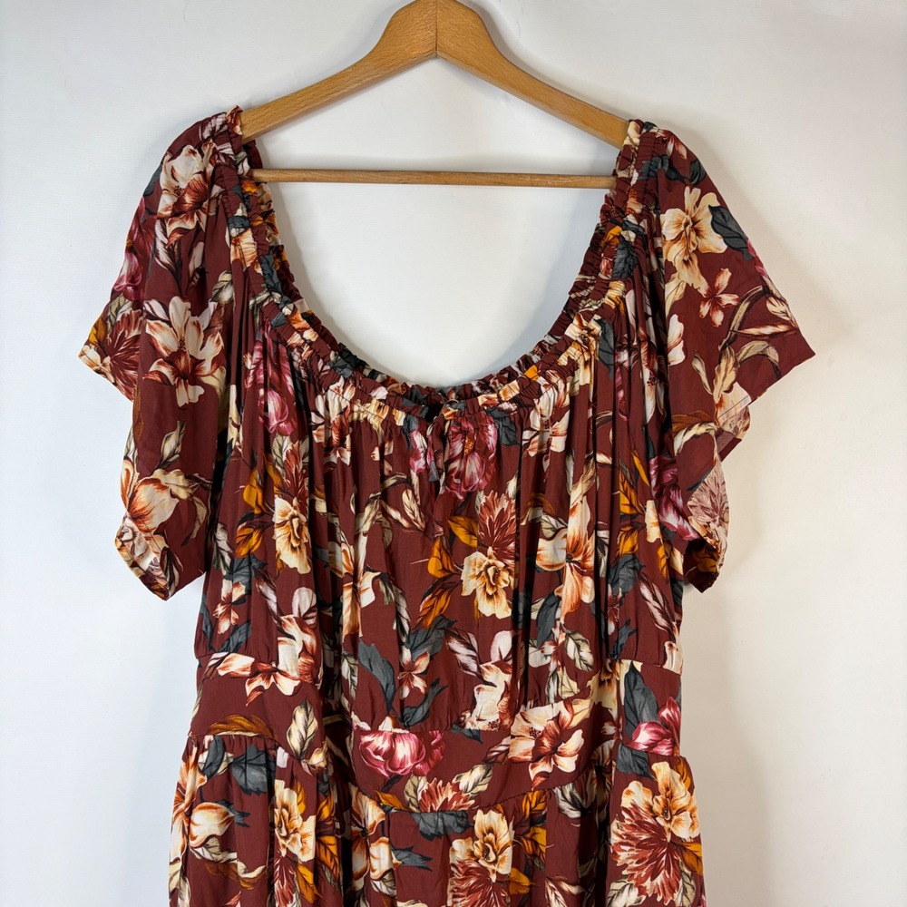 Torrid Maxi Dress Women 4 Burgundy Floral Boho Off Shoulder Ruffle Pocket - Picture 3 of 12